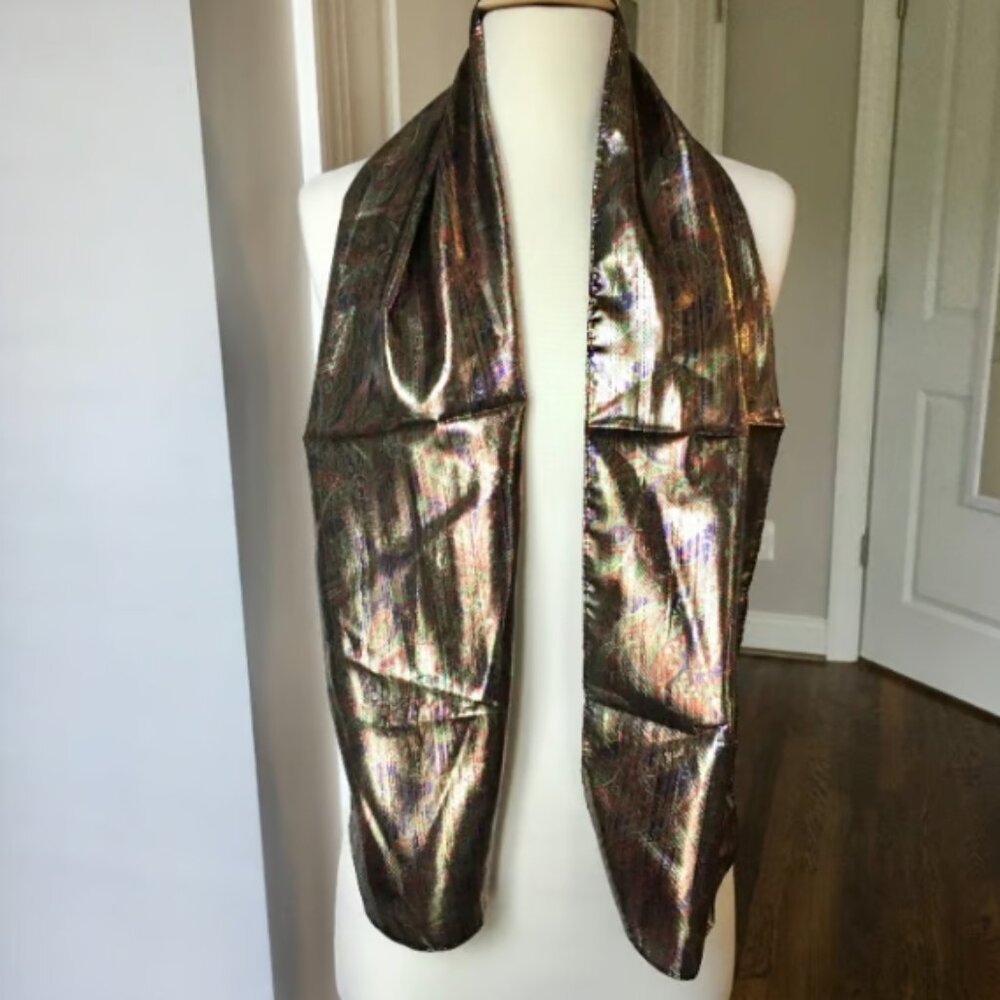 Vintage Metallic Lamé Fabric Scarf Shiny Paisley Party Statement Holiday - Picture 3 of 6